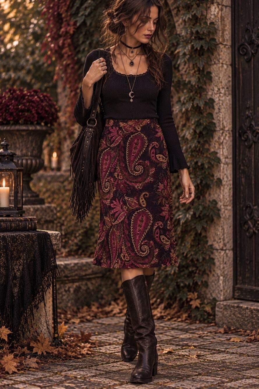Whimsigoth Dark Romantic Paisley Midi Skirt Witchy Boho Gothic Size 12 90s Y2K